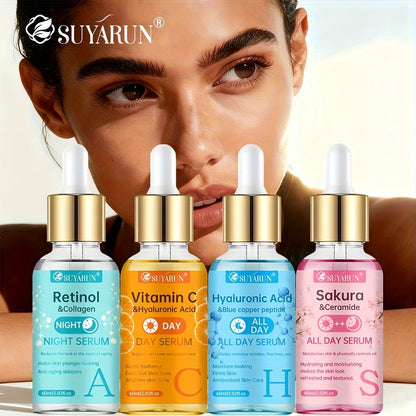 Face Serum Set 4-Piece Day & Night with Vitamin C Retinol Hyaluronic Acid Ceramide - Deep for Bath Time, Home Spa and Personal Care