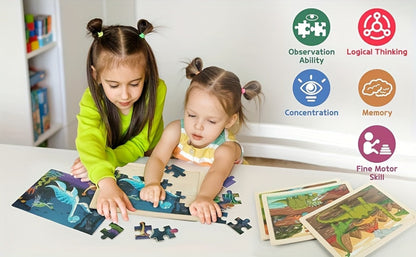 Dinosaur Puzzle Set for Kids Ages 3-8 Wooden 4-in-1 Jigsaw with 24 Pieces Each, Colorful Preschool Educational Toy for Boys & Girls