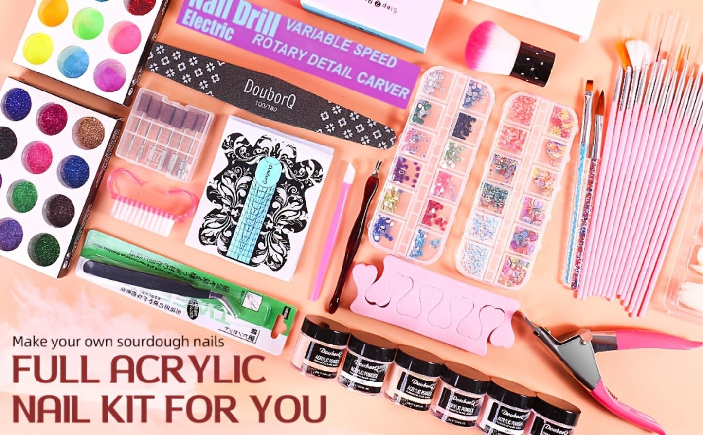 Acrylic Nail Kit with Electric Drill & UV LED Nail Lamp – Complete Professional Starter Set for Beginners with Acrylic Powder Brush Tools