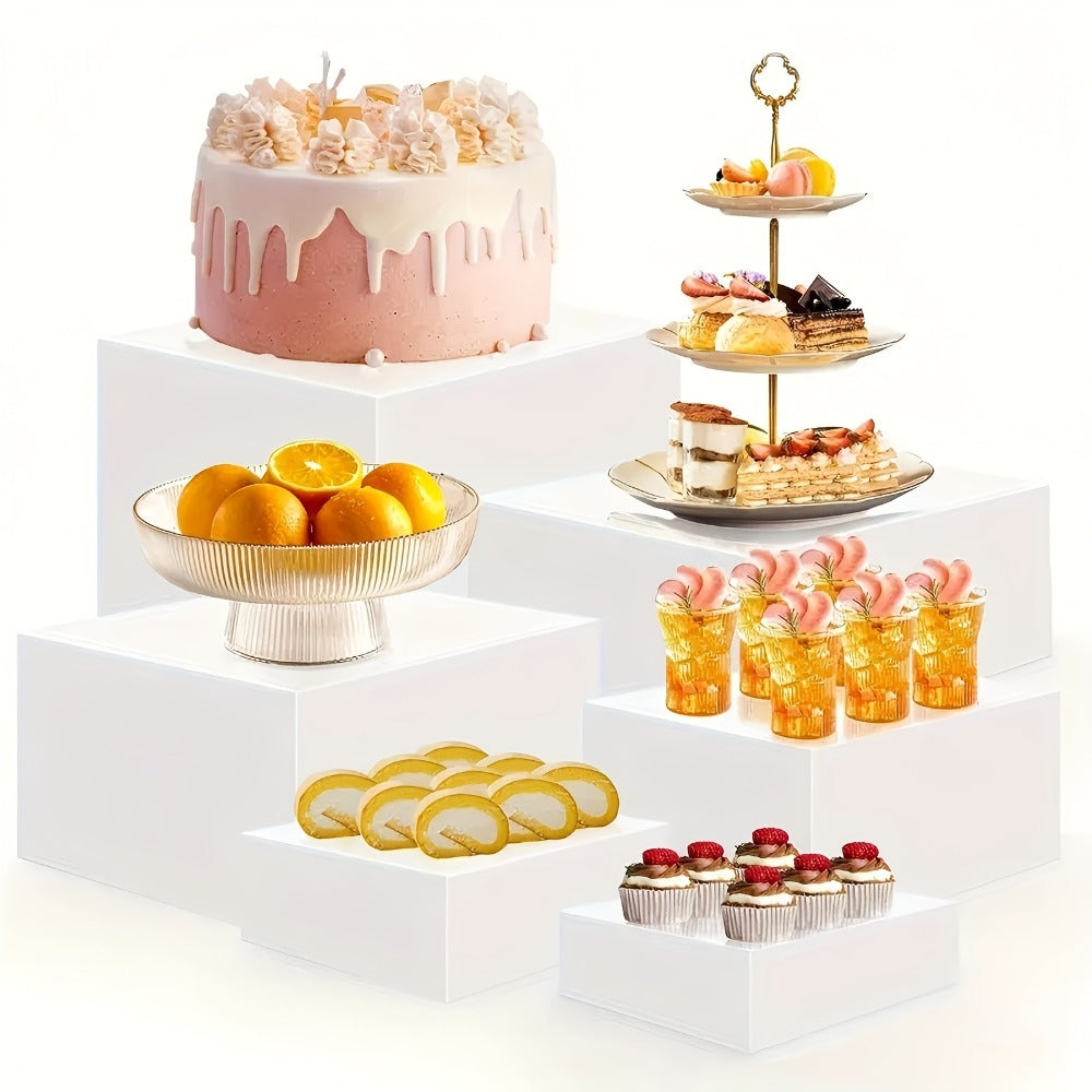 Display Stands 6pcs Five-Sided Square Buffet Risers – White Transparent Dessert Cake Display Storage Rack for Party Wedding Catering Retail