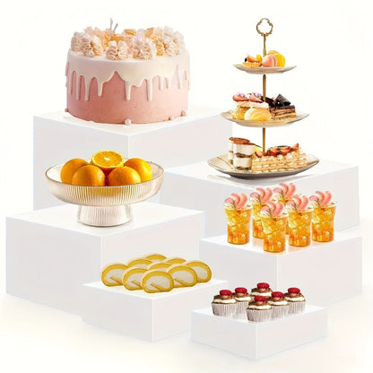 Display Stands 6pcs Five-Sided Square Buffet Risers – White Transparent Dessert Cake Display Storage Rack for Party Wedding Catering Retail