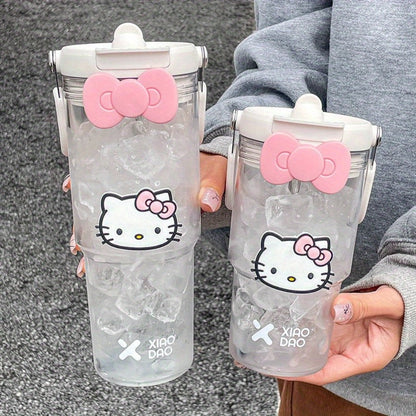 Hello Kitty Water Bottle with Straw 30 Oz, Large Cartoon Tumbler for Women & Girls, Portable Outdoor Sports Cup with Bow & Sticker