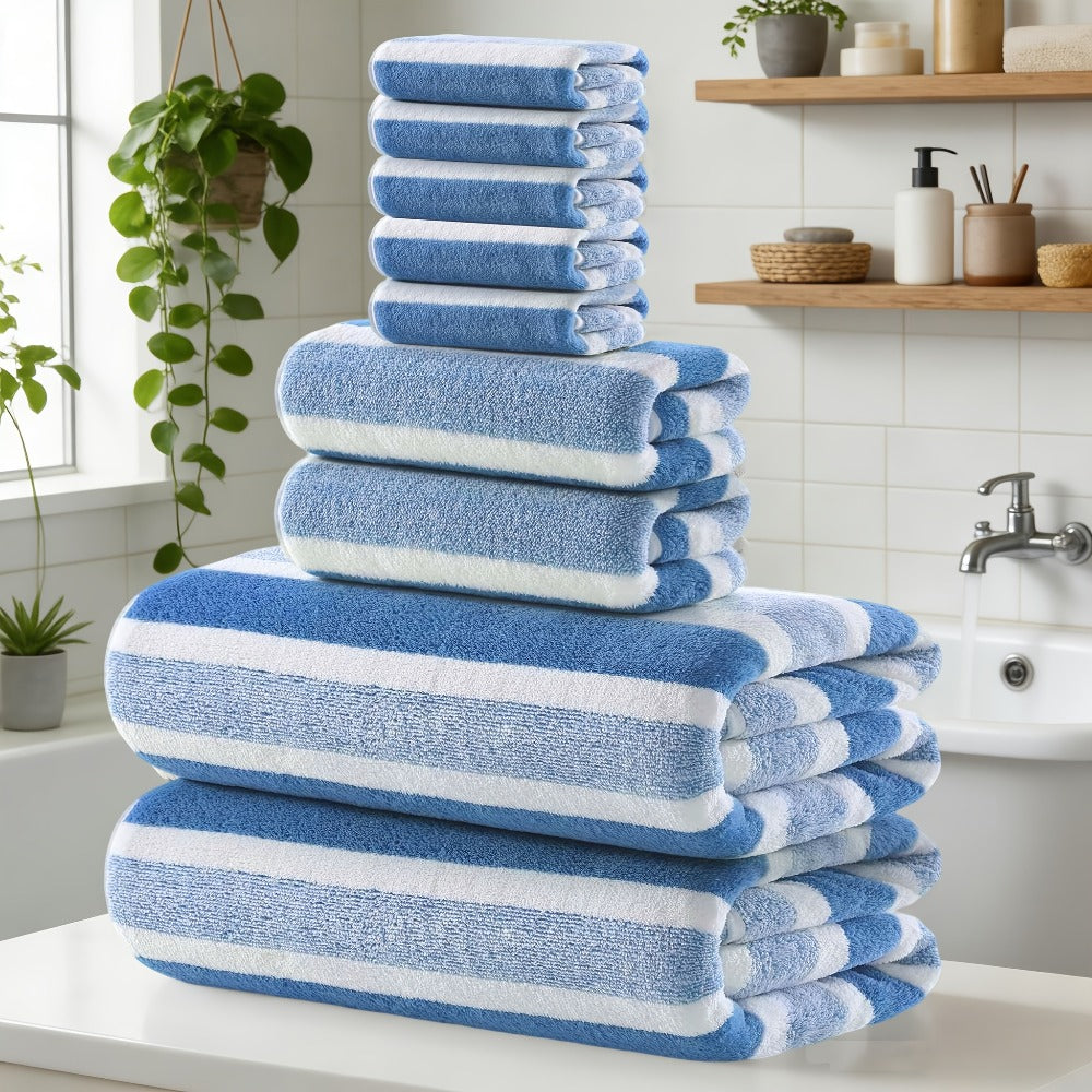 Towel Set 9 or 15 Piece 320GSM Coral Fleece Striped Mix in Five Solid or Mixed Colors for Home and Guest Use