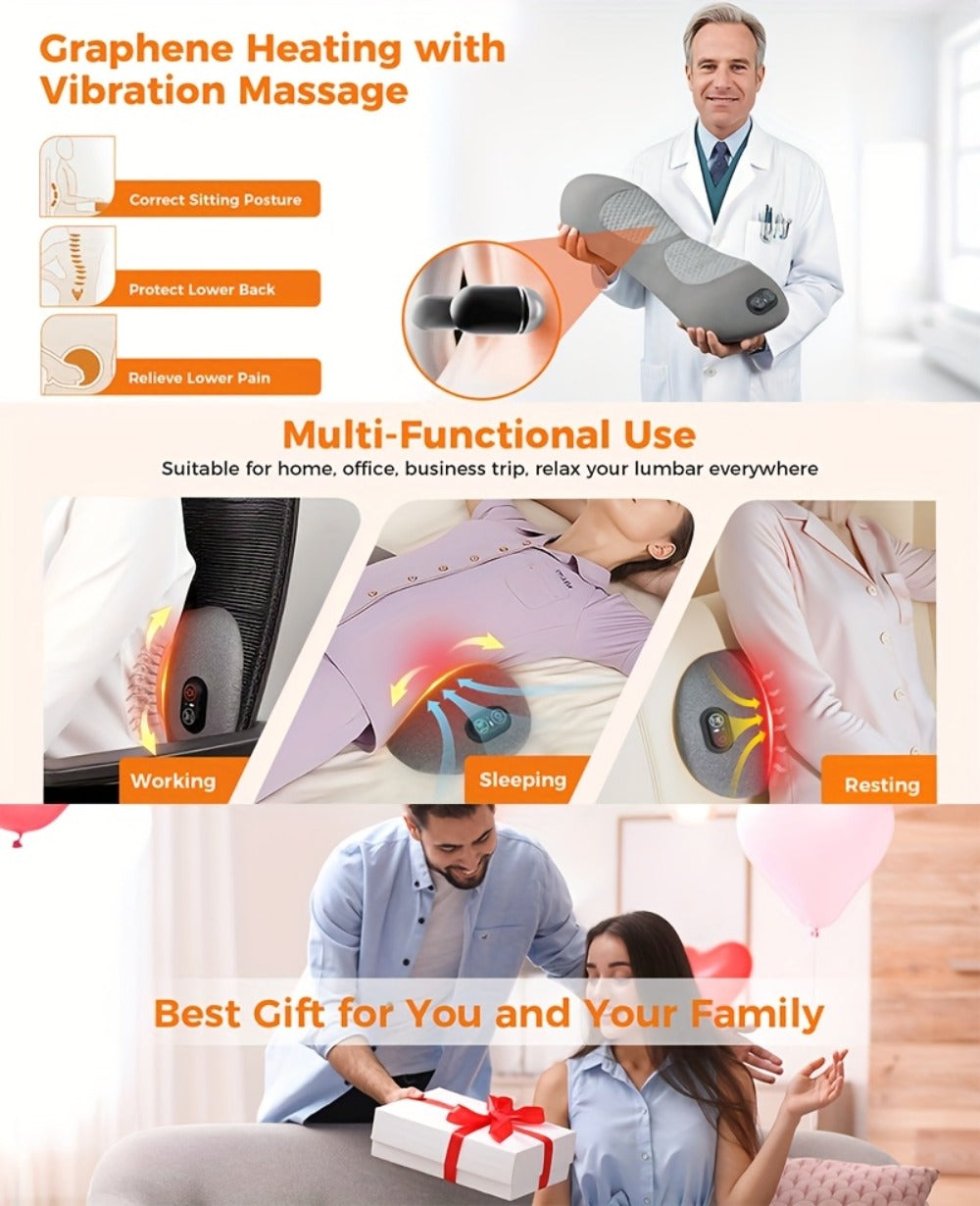 Lower Back Massager with Heat, 3-in-1 Lumbar Support Pillow with Vibration & Traction for Back Pain