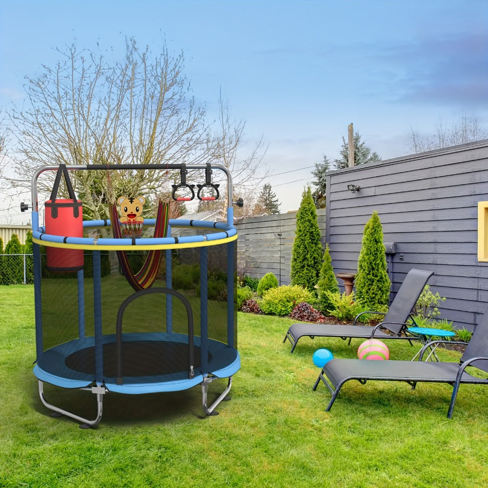 60 Inch Trampoline with Enclosure and Gymnastics Bar, Height Adjustable Indoor Outdoor Round Trampoline with Toys for Kids