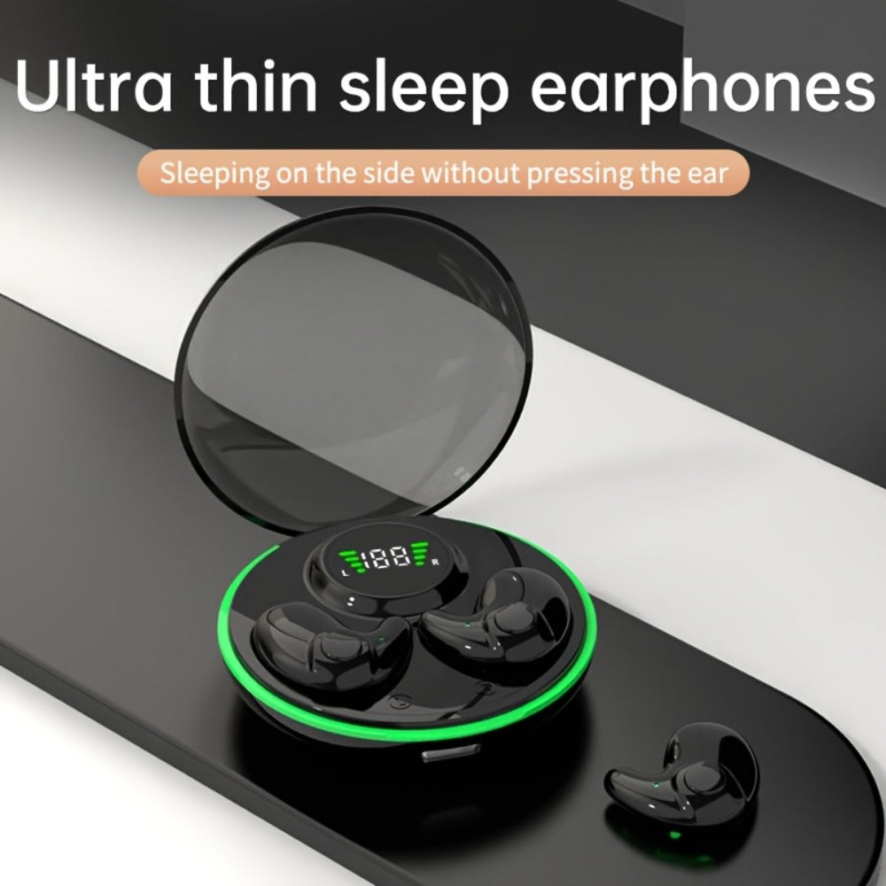 Low-Profile Round-Case Mini Sleep Earbuds with Digital Battery Display in Black, Khaki or White