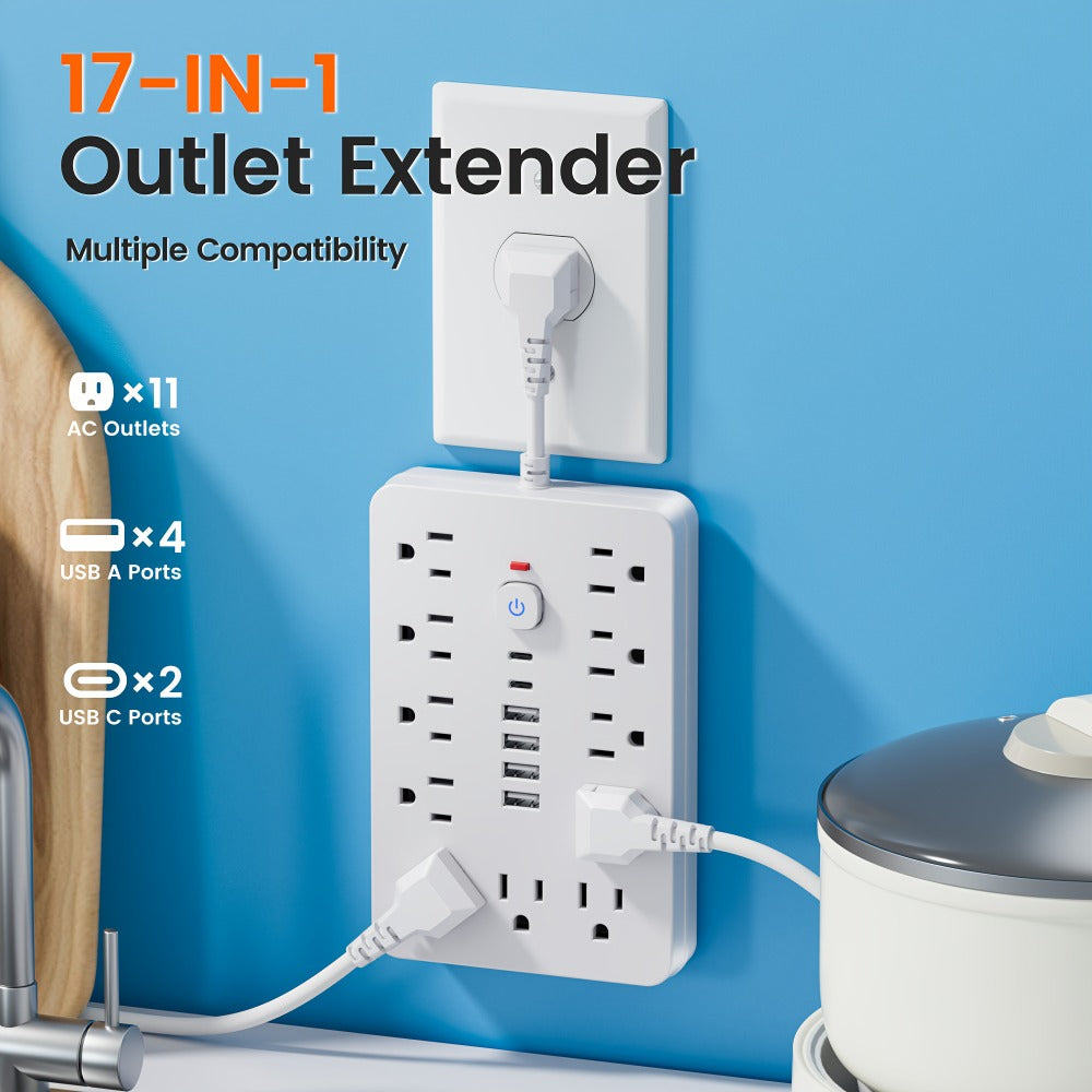 Power Strip with 11 AC Outlets, 4 USB-A, 2 USB-C and Short, 5-Foot or 10-Foot Standard or Braided Cord