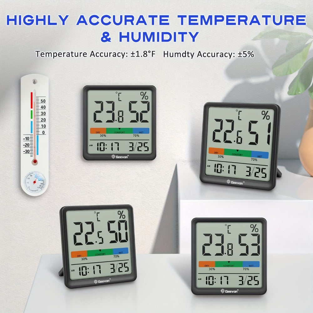 Indoor Thermometer Hygrometer Digital | Accurate Temperature Humidity Monitor with Clock & Calendar | Desktop Room Humidity Gauge for Home