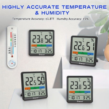 Indoor Thermometer Hygrometer Digital | Accurate Temperature Humidity Monitor with Clock & Calendar | Desktop Room Humidity Gauge for Home
