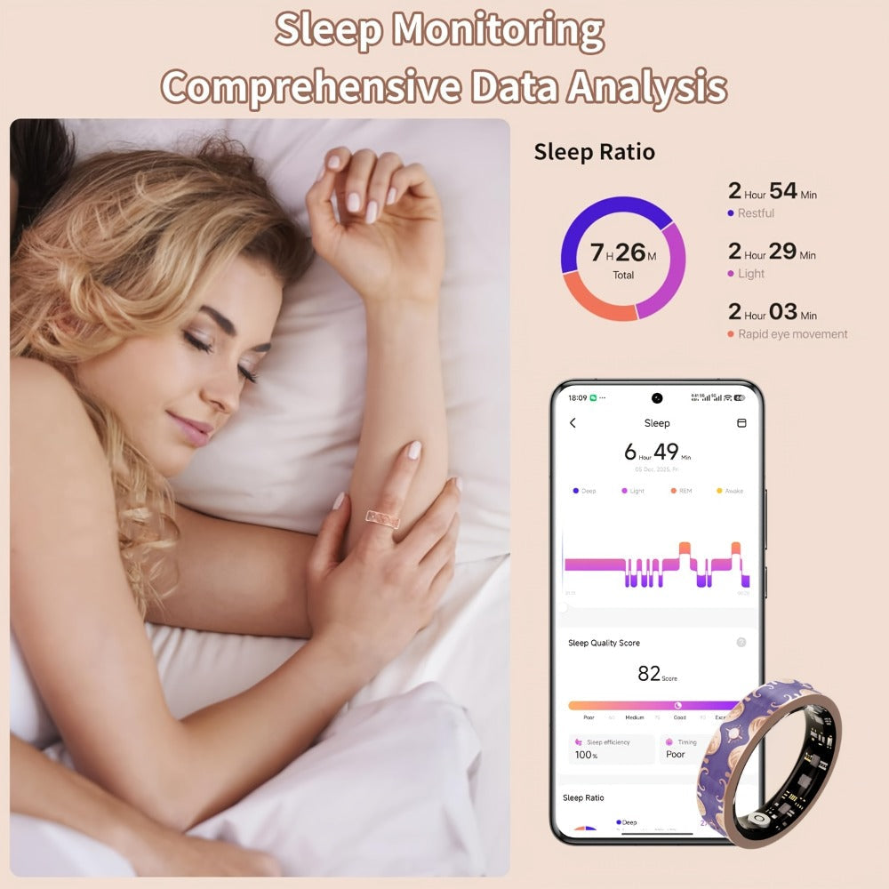 Patterned Smart Ring in Navy Blue or Sunset Purple with Activity and Sleep Summaries in US Sizes 7, 9 or 10