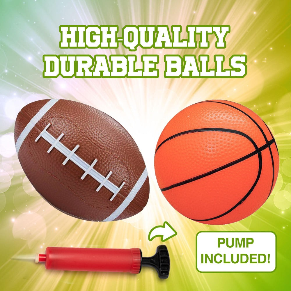 Kids Playground Ball Set 7-Pack with Air Pump, 10.6 Inch Outdoor Ball Plus 6-Inch Basketball Football Rugby
