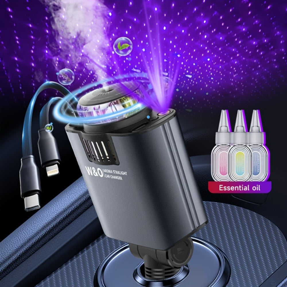 3-in-1 Car Charger, Air Freshener & Starry Sky Ceiling Light – Retractable Type-C & Lightning Cable, Aromatherapy Perfume