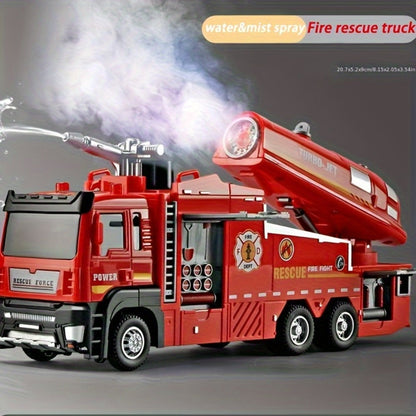 Zinc Alloy Fire Truck Toy with Water Mist Spray, Pull Back Fire Engine with Lights & Sounds