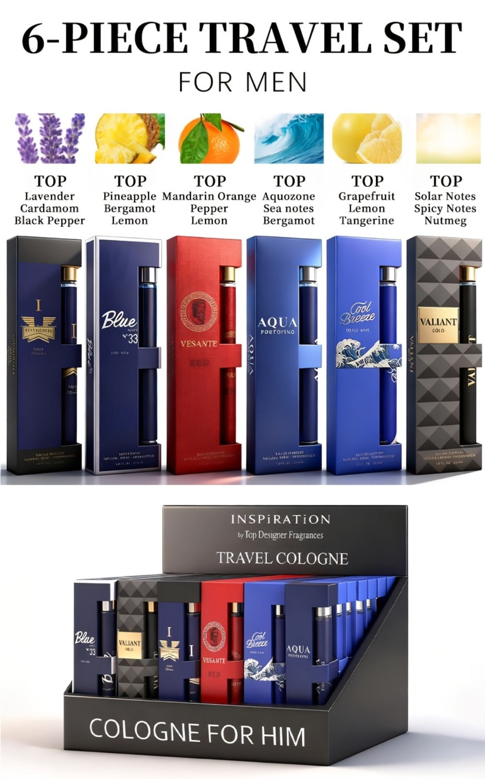 Travel Cologne Gift Set for Men – 6-Piece Mini EDP Spray Sampler, Long Lasting Unique Scents, TSA-Friendly Travel Size