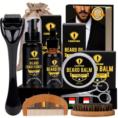 Beard Grooming Kit Men 6-Piece Complete Set – Beard Oil Conditioner Brush Comb Scissors & Storage Bag, All-in-One Beard Care Gift for Dad