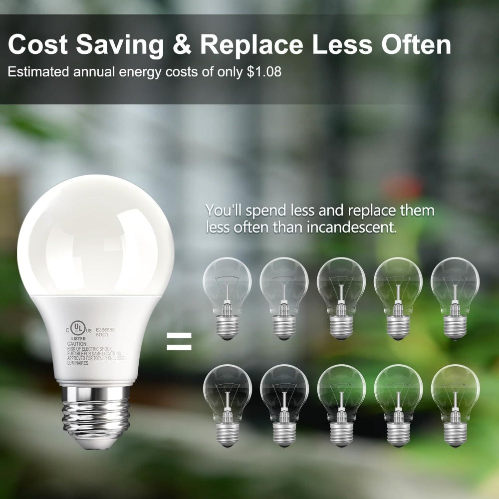 A19 LED Light Bulbs 60 Watt Equivalent, 5000K Daylight White E26 Base, 800 Lumens 9W Energy Efficient Bulb, 80+ CRI 15000 Hours Long Life