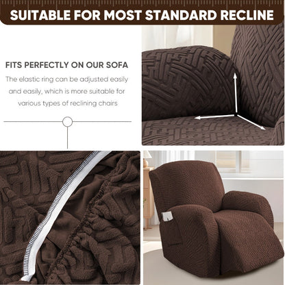 Four-Piece Maze Jacquard Recliner Chair Cover Set with Side Pocket and Nine Solid Color Options