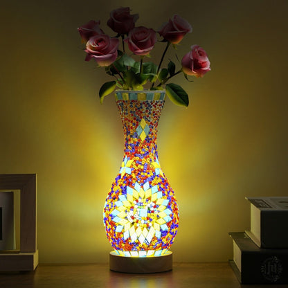 Mosaic Vase Lamp Turkish Moroccan Handmade Colorful Glass Table Lamp with Wooden Base, USB Plug-In Boho Night Light
