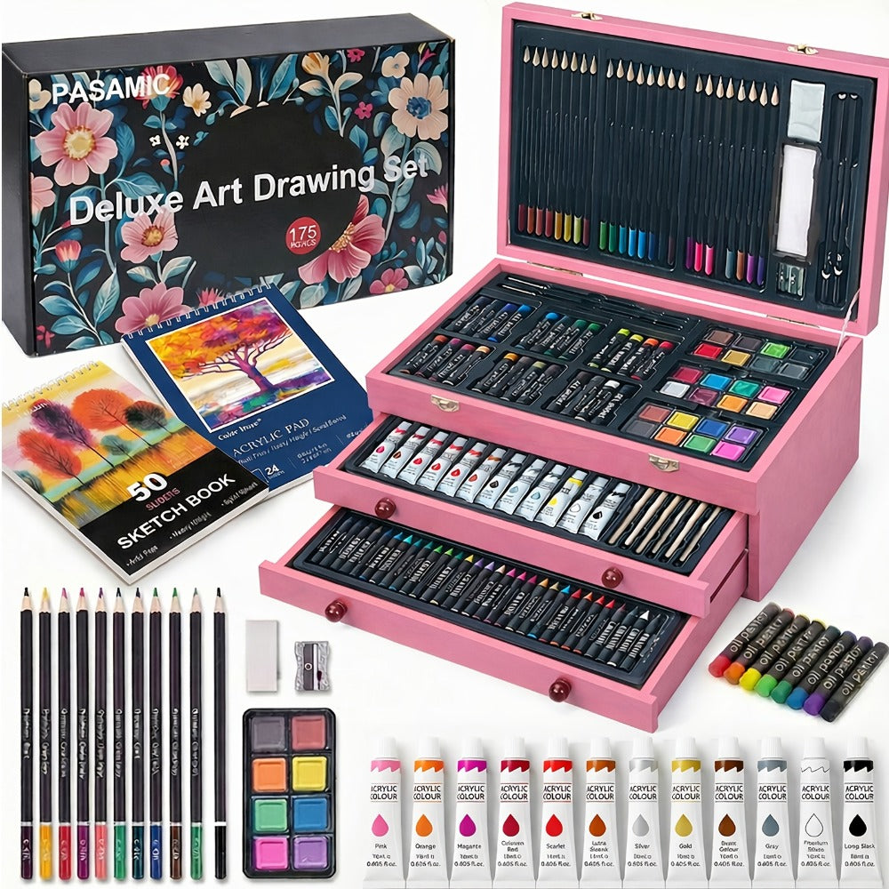 172 Piece Deluxe Art Set in Wooden Case with 2 Drawing Pads Crayons Acrylic with the Listed Color, Size or Set Options for Everyday Use