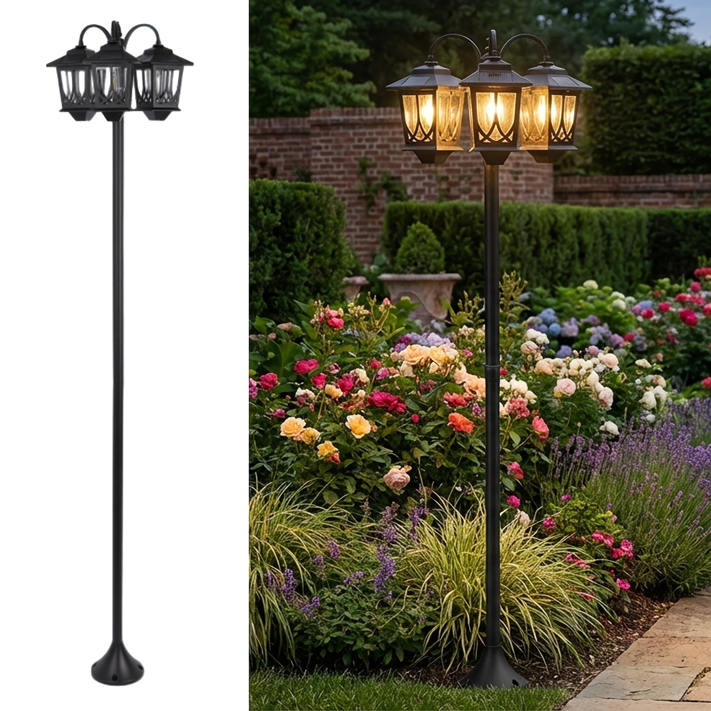 Three-Head Solar Lamp Post, Up to 73 Inches with Four Height Settings and 3000K Light Label