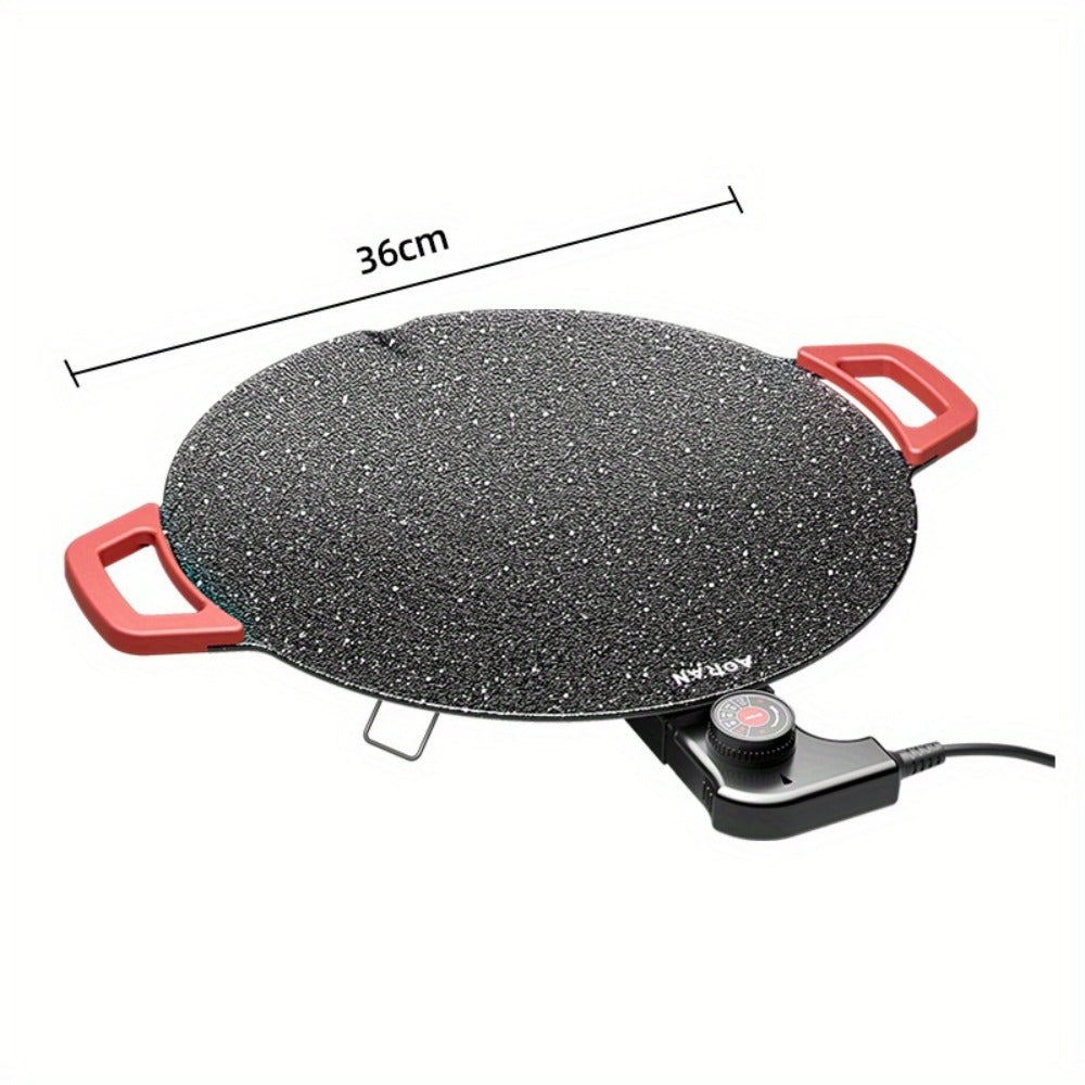 Korean BBQ Grill Pan, Round Non-Stick Multi-Functional Electric Grill Pan with Red Handle & Adjustable Settings