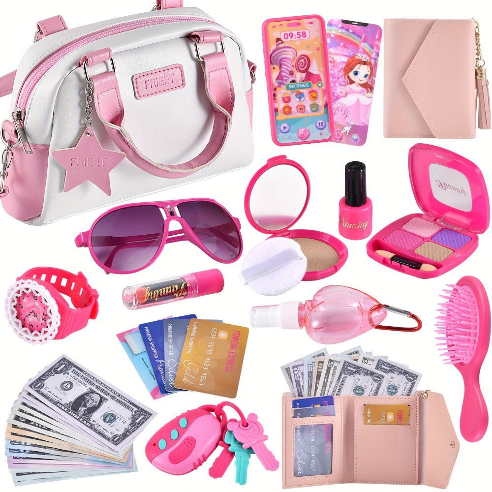 Pink Princess Play Purse Set for Girls, Pretend Makeup Handbag with Phone, Lipstick, Keys & Crossbody Bag