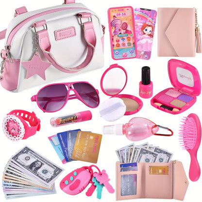 Pink Princess Play Purse Set for Girls, Pretend Makeup Handbag with Phone, Lipstick, Keys & Crossbody Bag