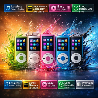 Portable MP3 and MP4 Player with 128GB Card Support, 1.8-Inch Screen and Five Color Options
