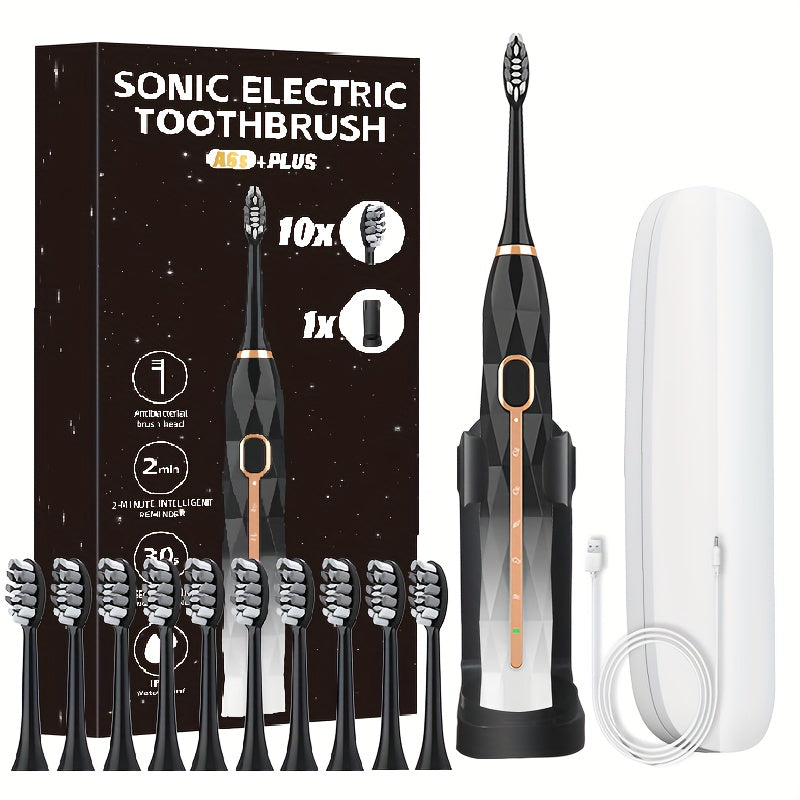 IPX8 Sonic Electric Toothbrush with 8 Replacement Brush Heads – Metal Shaft, USB Rechargeable 500mAh, Travel Case & Holder
