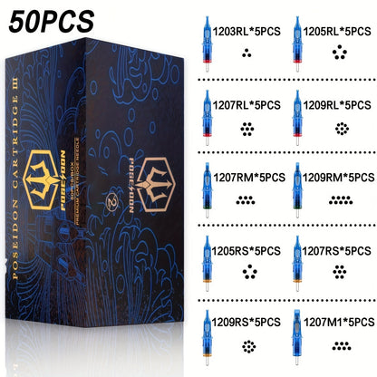 Tattoo Cartridge Needles with POSEIDON V3 Label, 50-Piece Mixed, RL-Only or RS-Only Pack Choices