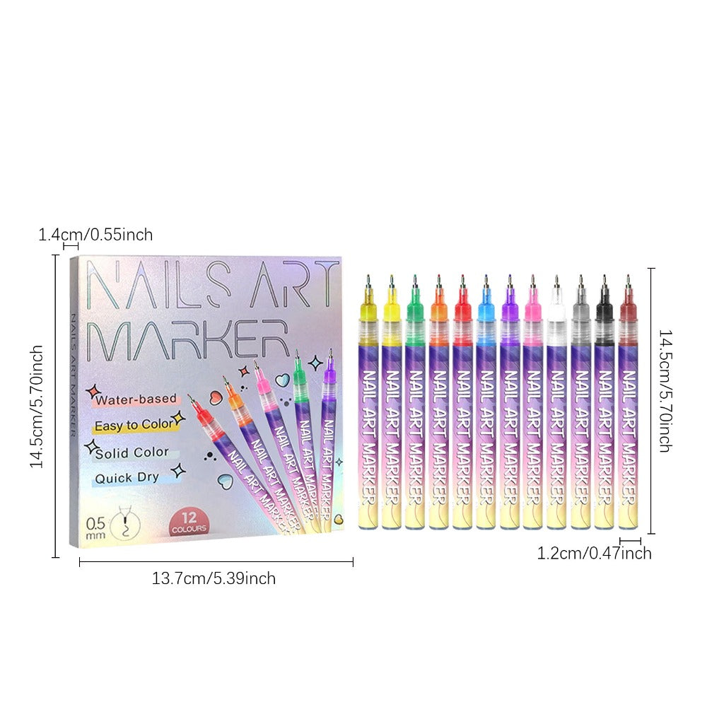 Nail Art Pens 12-Piece Water-Based Marker Set with 0.5mm Fine Tips for Lines and Small Decorative Details
