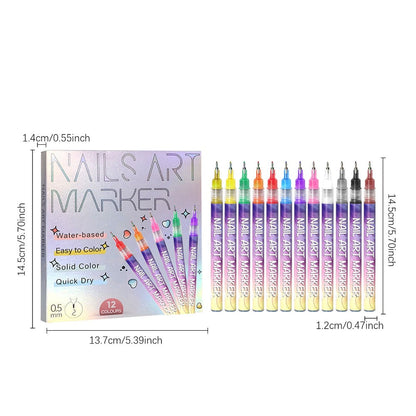 Nail Art Pens 12-Piece Water-Based Marker Set with 0.5mm Fine Tips for Lines and Small Decorative Details