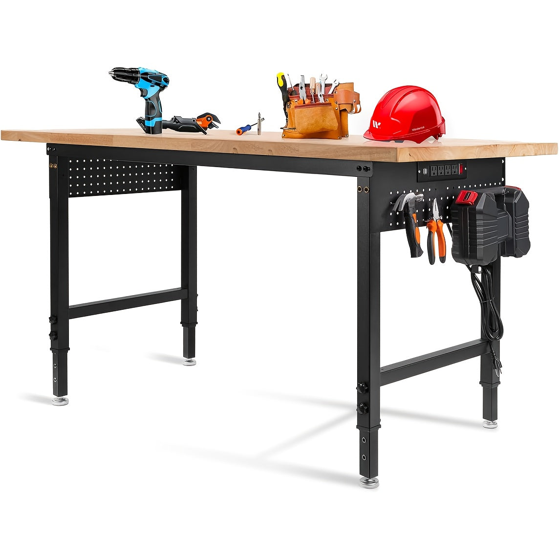 Adjustable 28–40-Inch Wood-Top Workbench in 60- or 96-Inch Widths with Pegboard, Wheels and Power Strip
