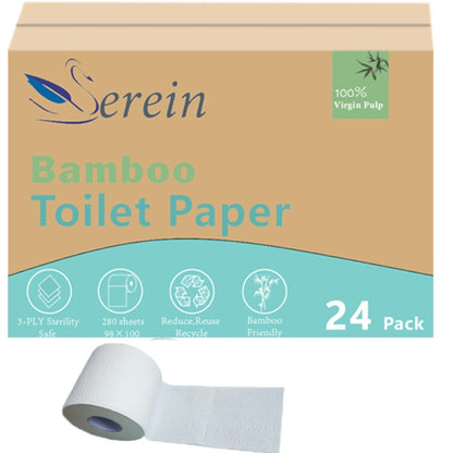 Bamboo Toilet Paper 24 Rolls 3-Ply 300 Sheets Per Roll Tree-Free Hypoallergenic Septic Safe Flushable Soft Strong Fragrance-Free BPA-Free