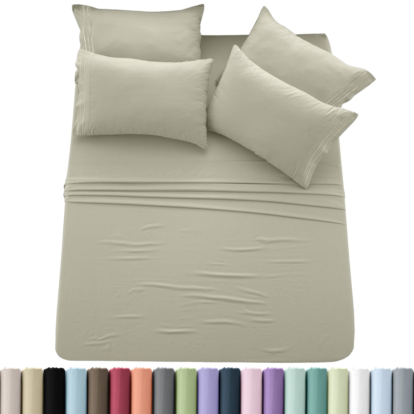 Sheet Set, Six-Piece Brushed Polyester Bedding with 16-Inch Fitted Pocket, Four Pillowcases and Twenty Colors