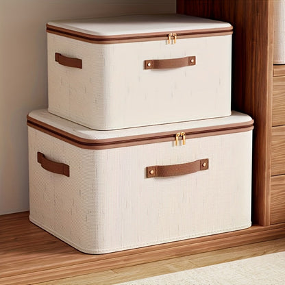 Foldable Storage Boxes with Lids 2-Pack, Large Linen Storage Baskets with Double Zippers & Leather Handles