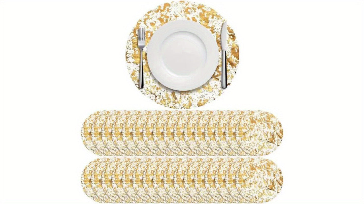 Golden Foil Round Placemats Disposable Table Doilies 50/100pcs – Elegant Mesh Table Pad for Dining, Party & Home Decor