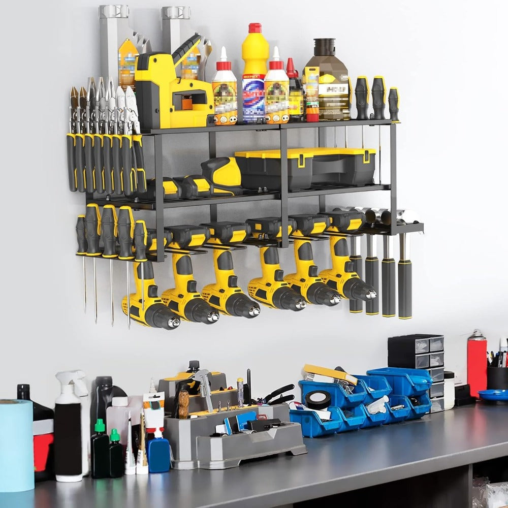 Power Drill Holder Wall Mount, Tool Storage Rack with 3/4 Layer Floating Shelf, Cordless Drill Organizer