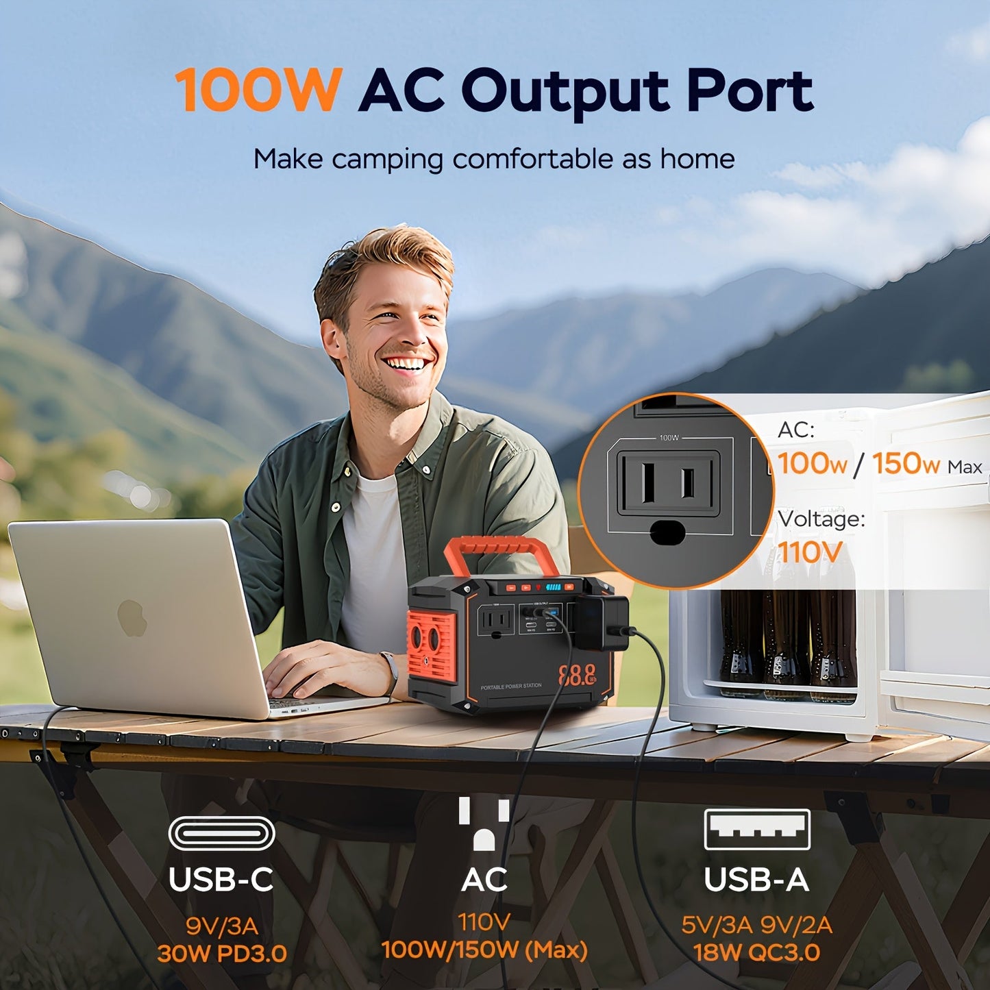 Portable Power Station 88.8Wh or 111Wh with AC, USB-C, USB-A and Optional 30W Solar Panel for Camping