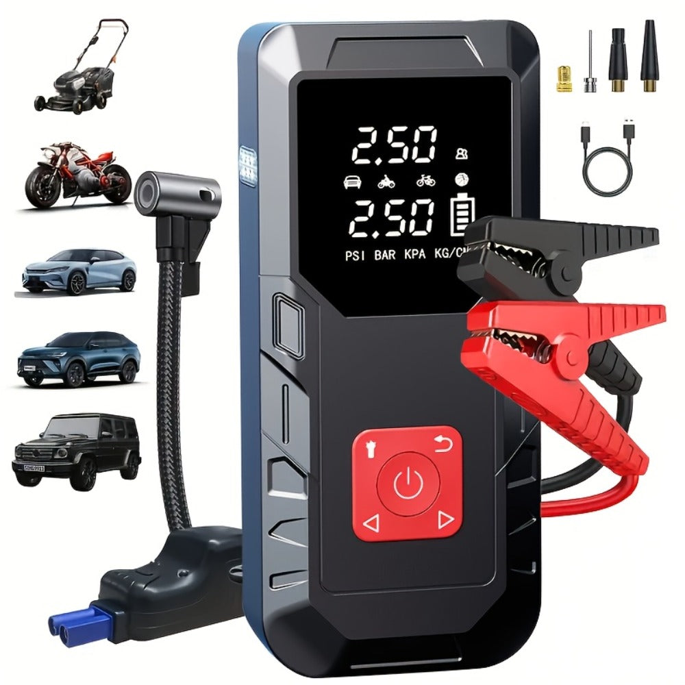 Portable Car Jump Starter 10000A – 9-in-1 Battery Booster with 350PSI Tire Inflator, LED Light, USB-C Fast Charging