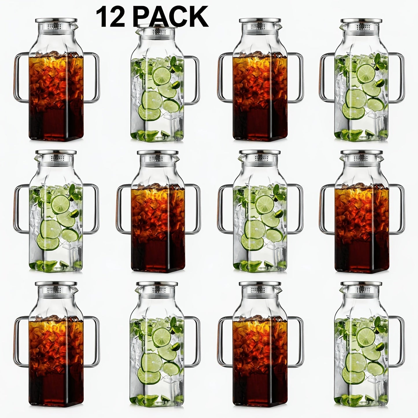 Square 68-Ounce Glass Pitcher with Metal-Look Lid and Handle in Two-, Six- or Twelve-Piece Packs