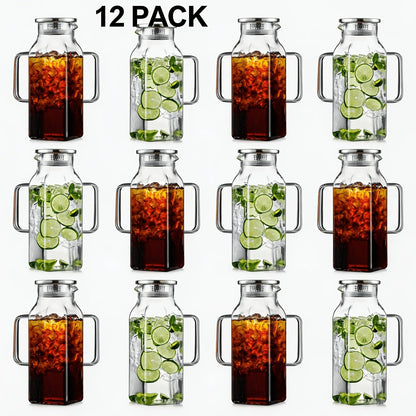 Square 68-Ounce Glass Pitcher with Metal-Look Lid and Handle in Two-, Six- or Twelve-Piece Packs