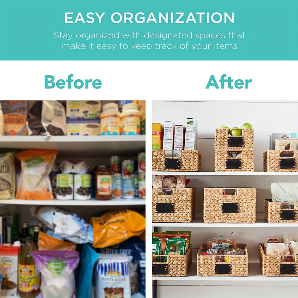 Water Hyacinth Pantry Storage Baskets with Chalkboard Labels, 9 x 12 x 5-Inch, 1- to 4-Pack