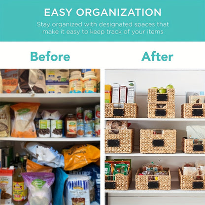 Water Hyacinth Pantry Storage Baskets with Chalkboard Labels, 9 x 12 x 5-Inch, 1- to 4-Pack