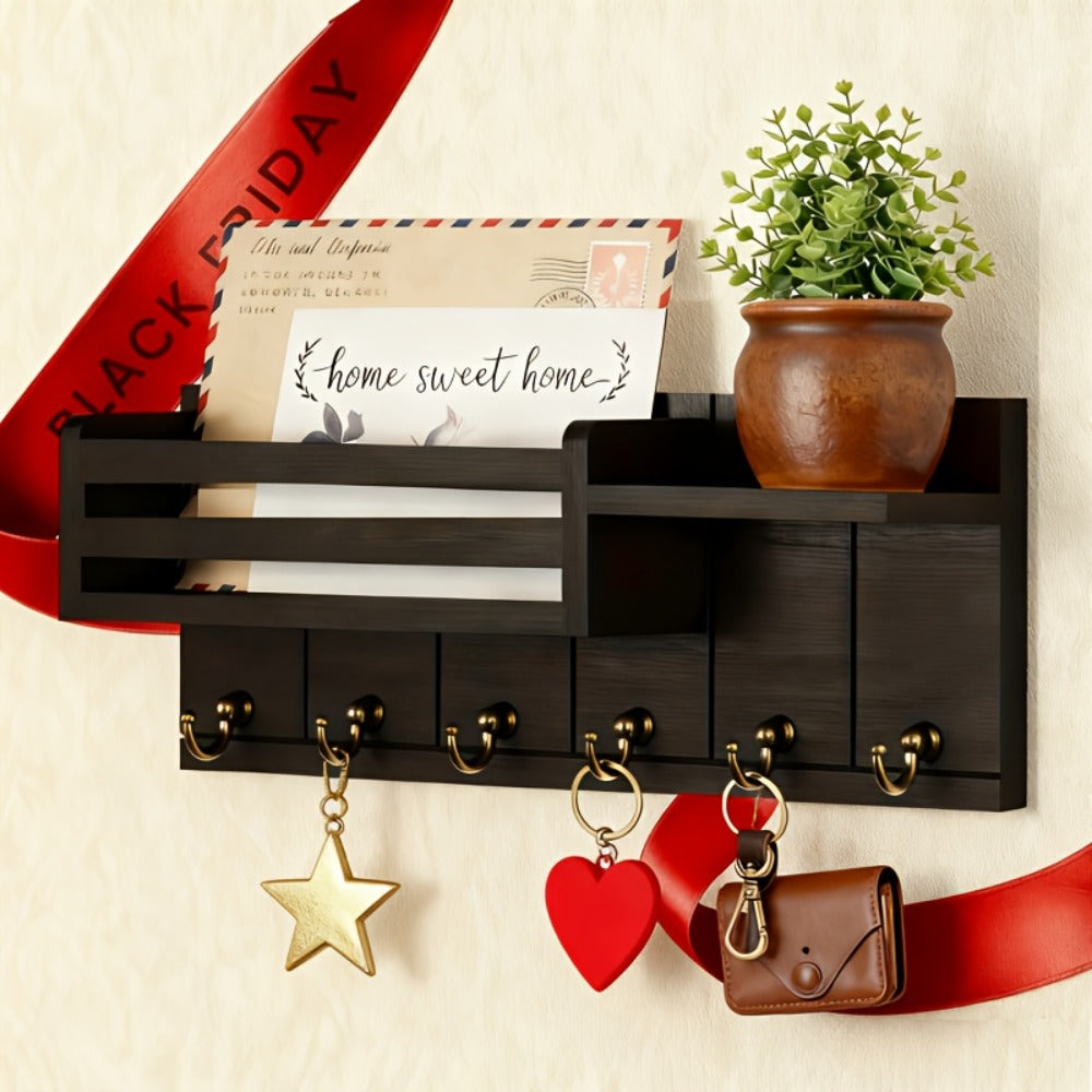 Wall Mounted Storage Rack with Mail Slot – Rustic Wood Floating Shelf with Hooks for Keys, Hats & Envelopes