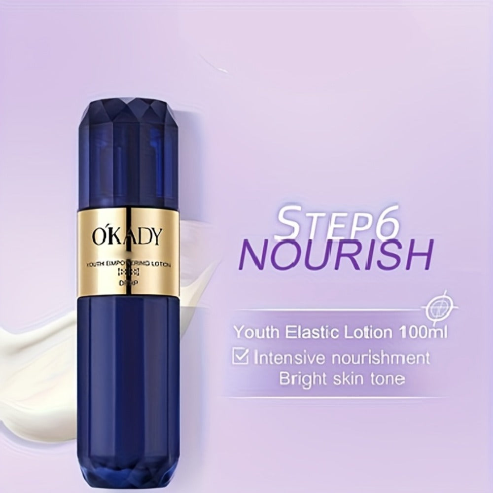 Skincare Set with OKADY Label, 8 Collagen and Hyaluronic Acid Product Items in Blue Gold Gift Box