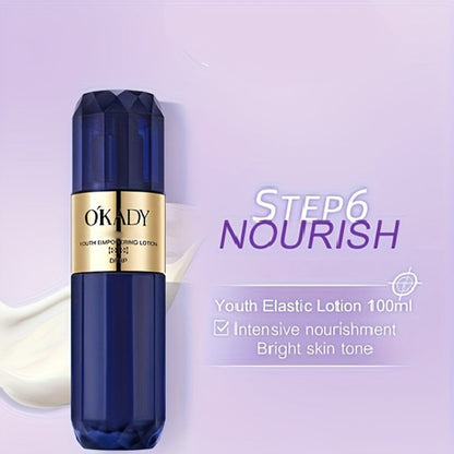 Skincare Set with OKADY Label, 8 Collagen and Hyaluronic Acid Product Items in Blue Gold Gift Box