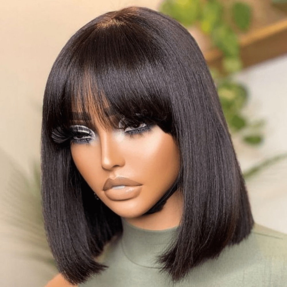 Straight Bob Wig with Bangs Human Hair 3x1 Lace Part Pre-Plucked Glueless Brazilian Short Bob 150 Density 1B/30 Highlight Natural Black