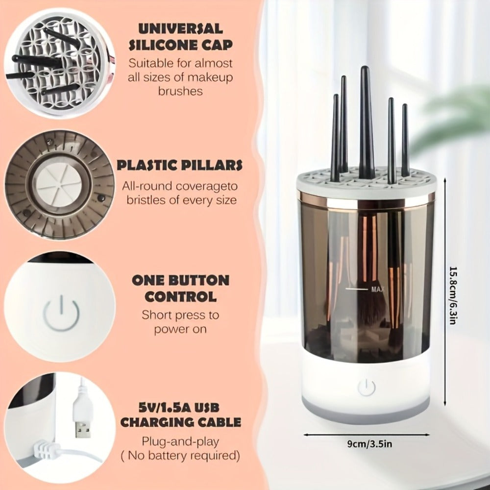 Electric Makeup Brush Cleaner & Dryer USB Powered Automatic Spinner Fast Drying Odorless Transparent Design Dual-Section Brush Holder Beauty