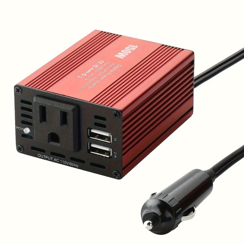 Red 150W Car Power Inverter with 12V DC Plug, 110V AC Outlet and Two USB-A Charging Ports for Vehicles
